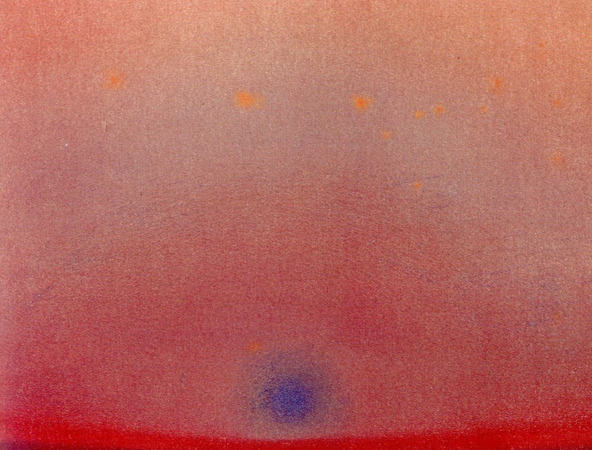 Warm rose-and-red color field with soft orange flecks and a small blue mark near the bottom